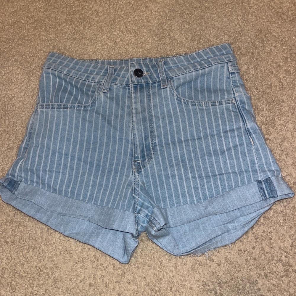 Blue and white striped denim shorts
